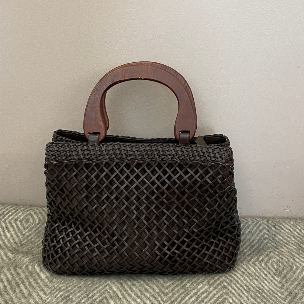 Danier Leather Wicker Handbag with Wooden Handles - Picture 1 of 11